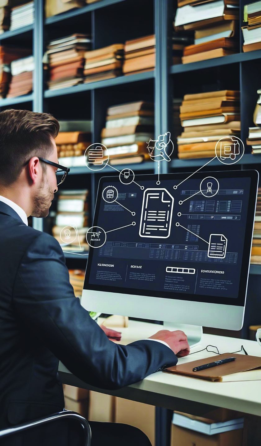 Health information management professional reviewing document metadata and records classification during OnBase discovery